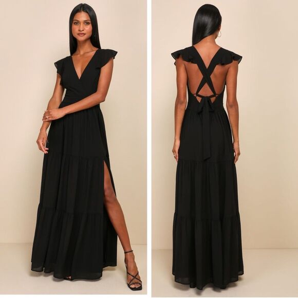 Lulus Charming Success Black Tiered Lace-Up Backless Maxi Dress Medium Black Tie - Picture 1 of 9